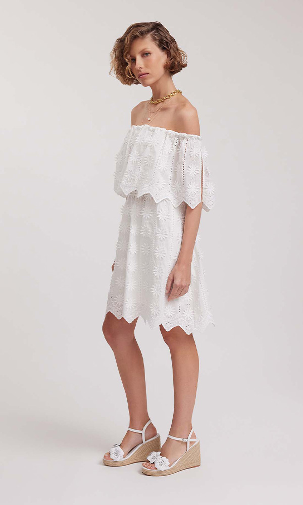 Discover the GARRIGUE White Cotton Floral Embroidered Dress With Overlay Ruffle from designer ANNE FONTAINE