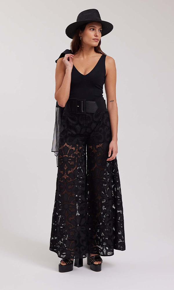 Discover the CLOTILDE Black Wide Leg Sheer Floral Lace Pant from designer ANNE FONTAINE