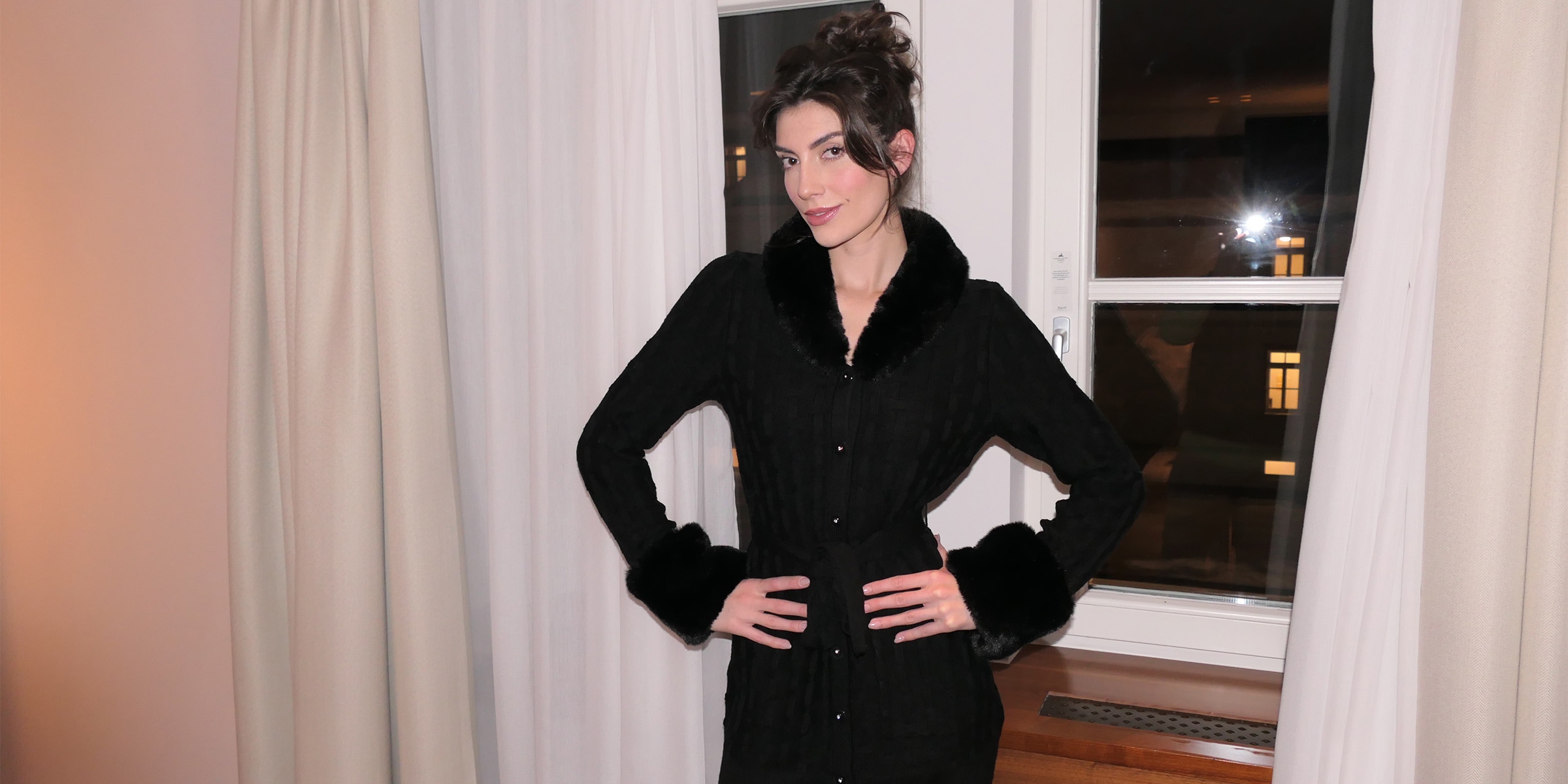 Discover the LIDIA Black Long Length Wool Blend Cardigan With Velvet and Crystal Snaps from designer ANNE FONTAINE