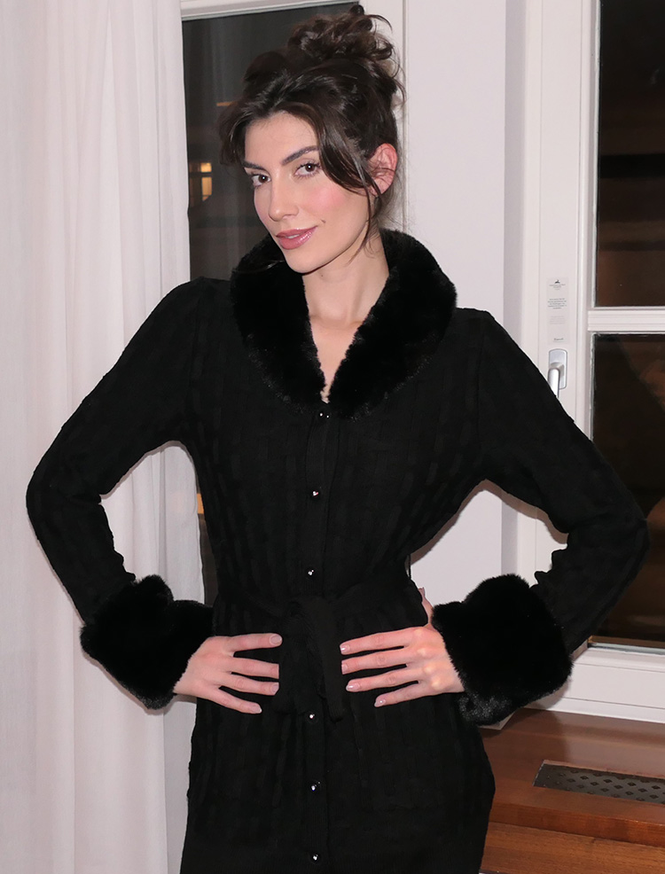 Discover the LIDIA Black Long Length Wool Blend Cardigan With Velvet and Crystal Snaps from designer ANNE FONTAINE