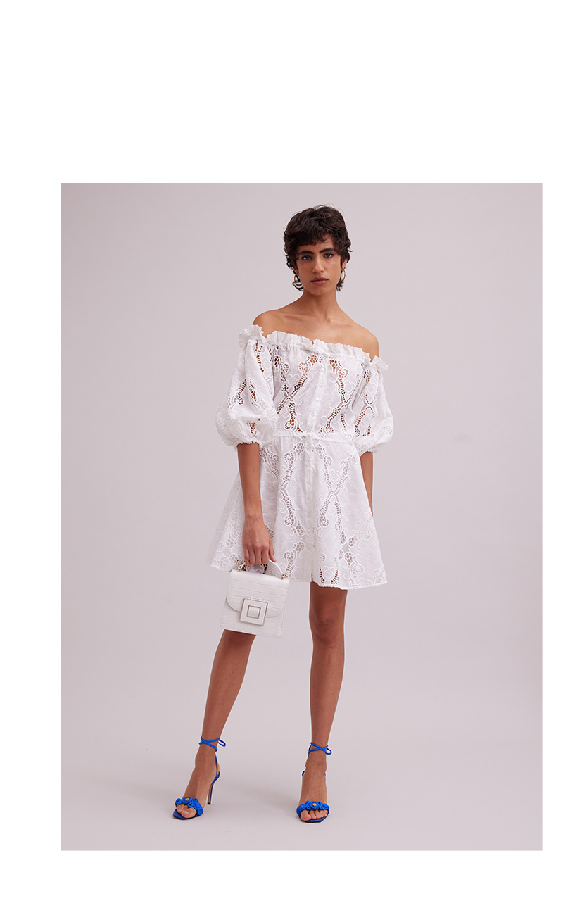 Discover the RIVIERA White off the Shoulder Embroidered Eyelet Dress With Removable Belt