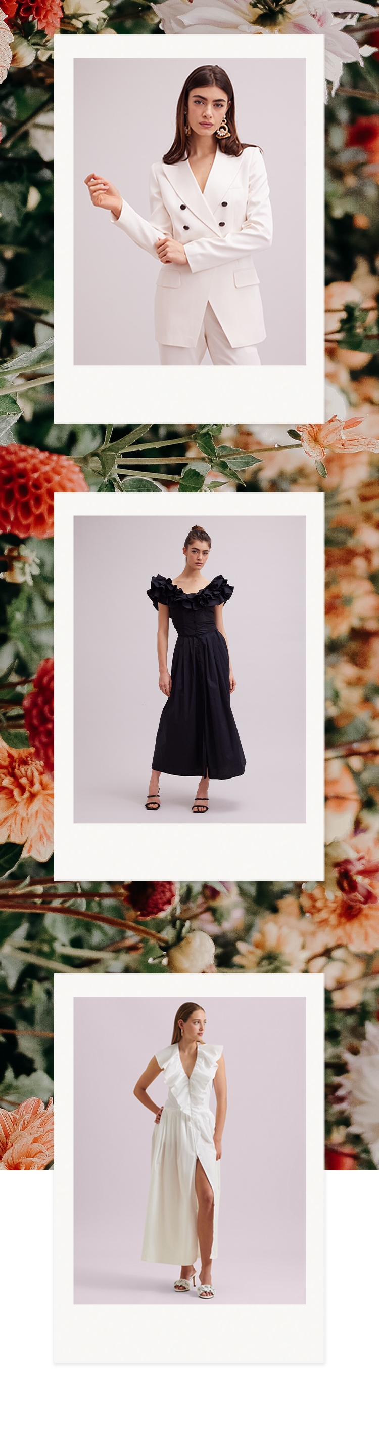Explore some of Anne's favorite silhouettes from the season, including: signature dresses, tailored jackets, timeless accessories, must-have bottoms and ruffled tops in our signature house colors of black and white.