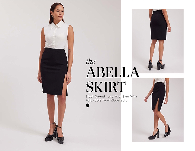 Discover the ABELLA Black Straight Line Midi Skirt with Adjustable Front Zippered Slit from designer ANNE FONTAINE