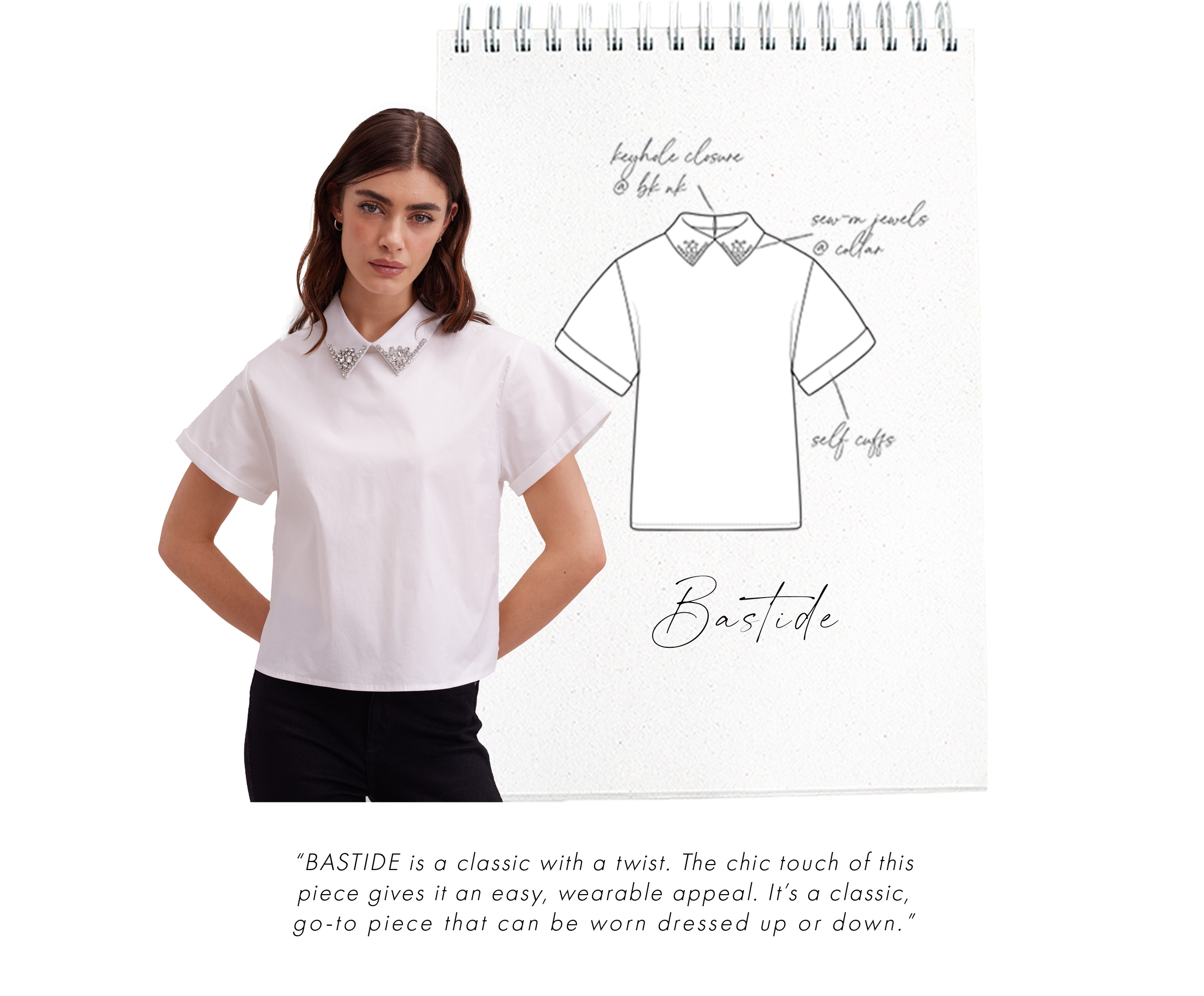 Discover the BASTIDE White Short Sleeve T-Shirt With Jeweled Point Collar from ANNE FONTAINE