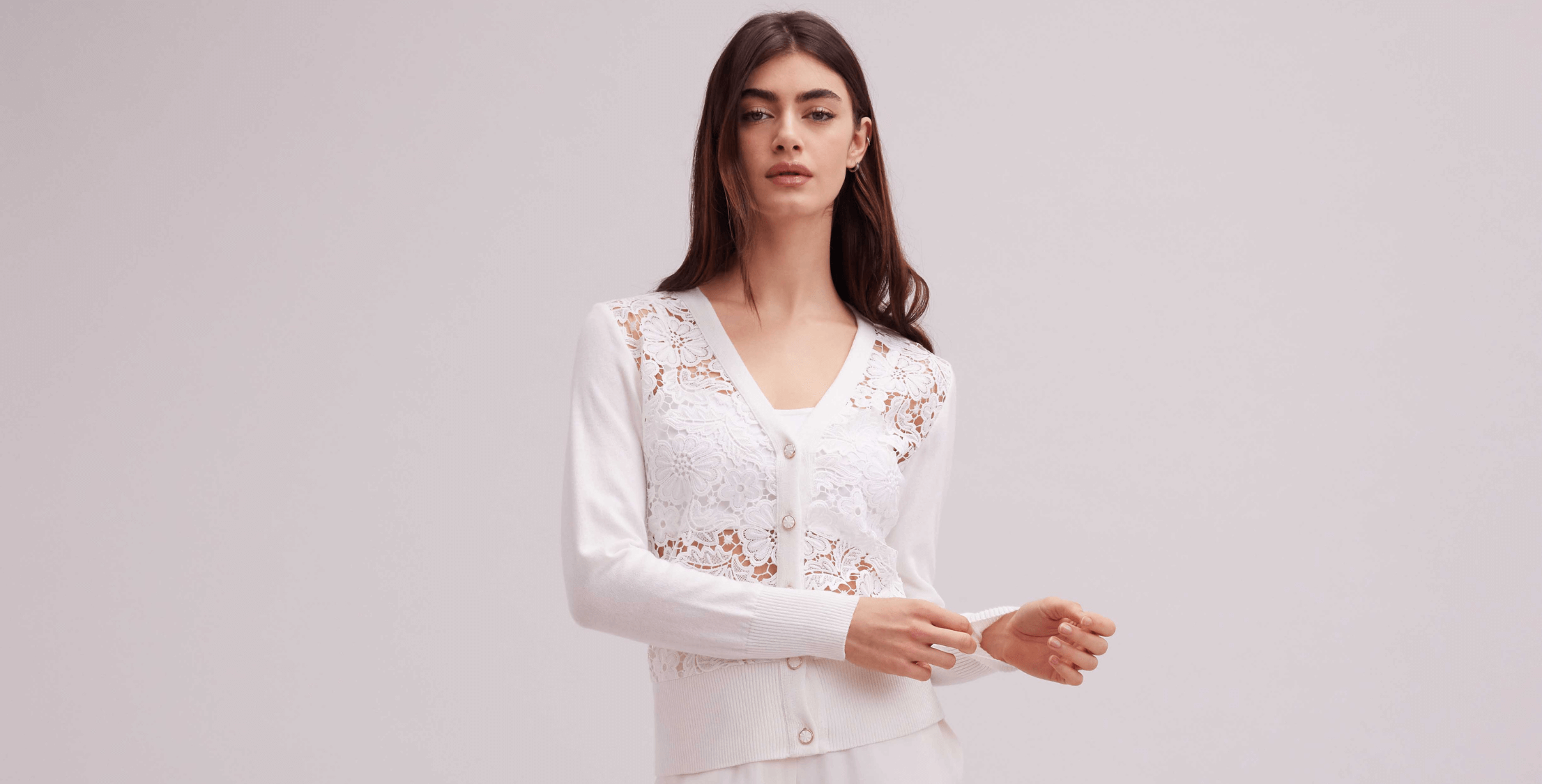 Discover the AZALEE White Long sleeve floral lace cardigan with ribbed knit trims from ANNE FONTAINE