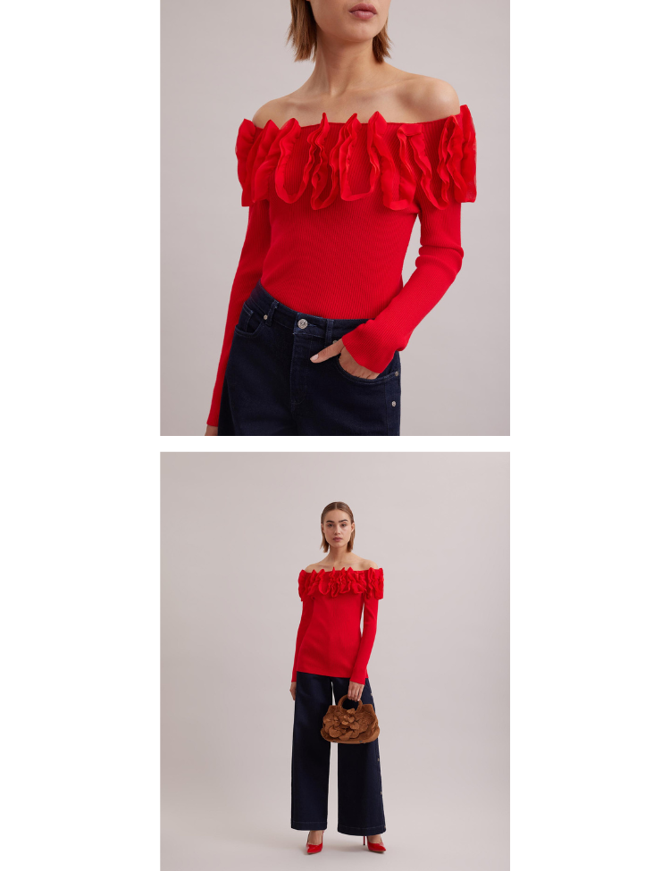 Discover The FEDA 3/4 sleeve pullover knit with ruffles from ANNE FONTAIN