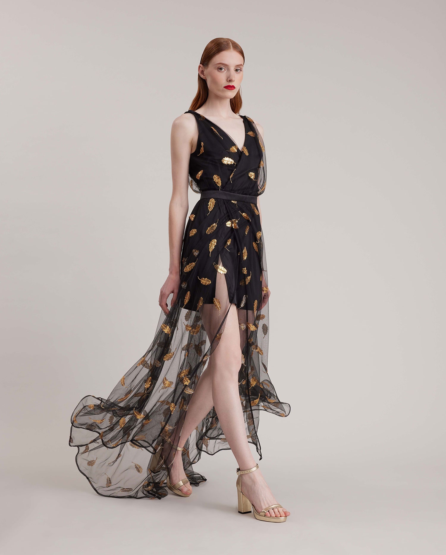 Discover the KEITH Mesh Sleeveless Dress With Embroidered Gold Leaves