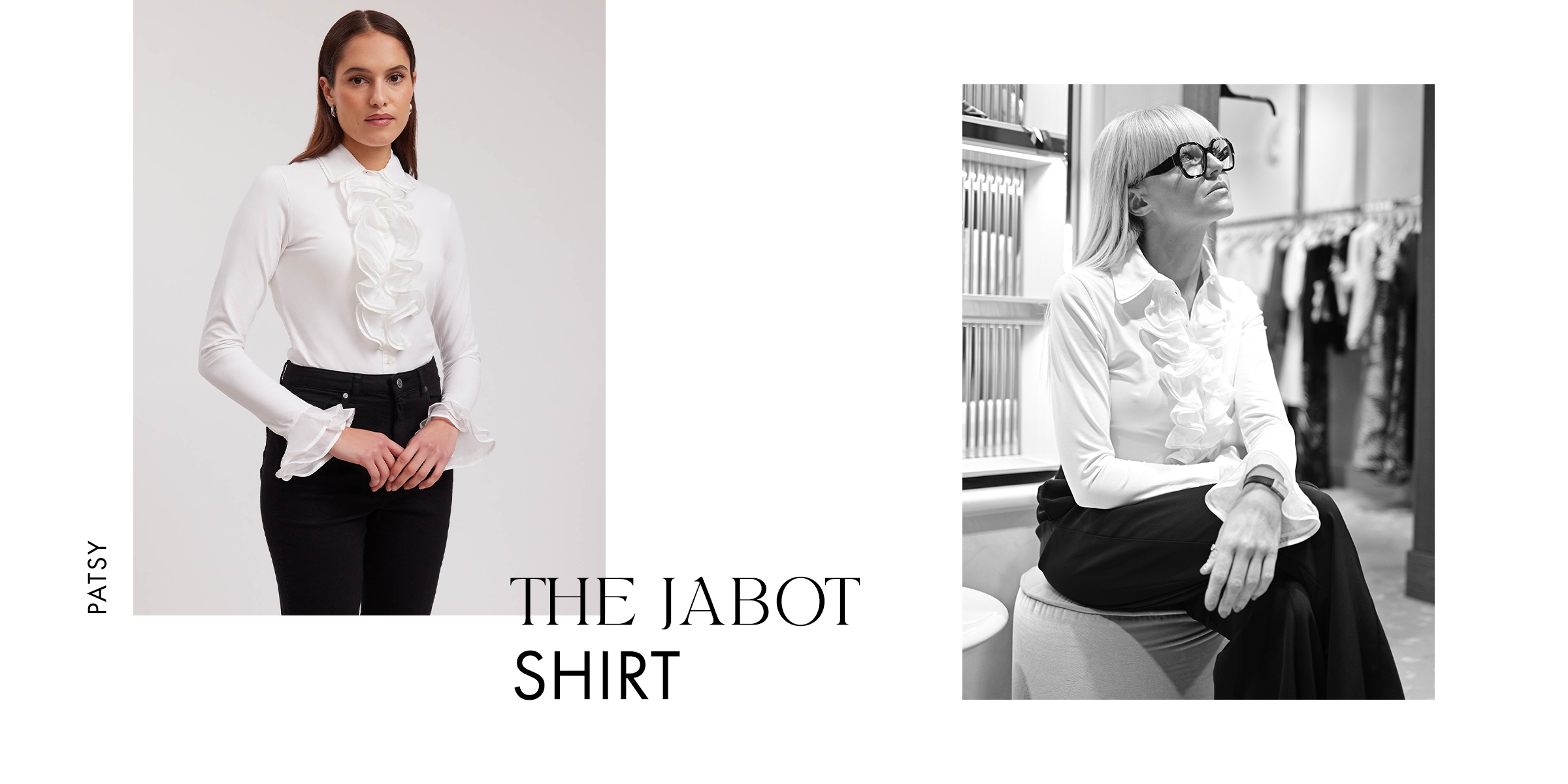 Discover the PATSY Long Sleeve White Pima Jersey Shirt with Double Collar and Double Ruffle Front Placket from designer ANNE FONTAINE