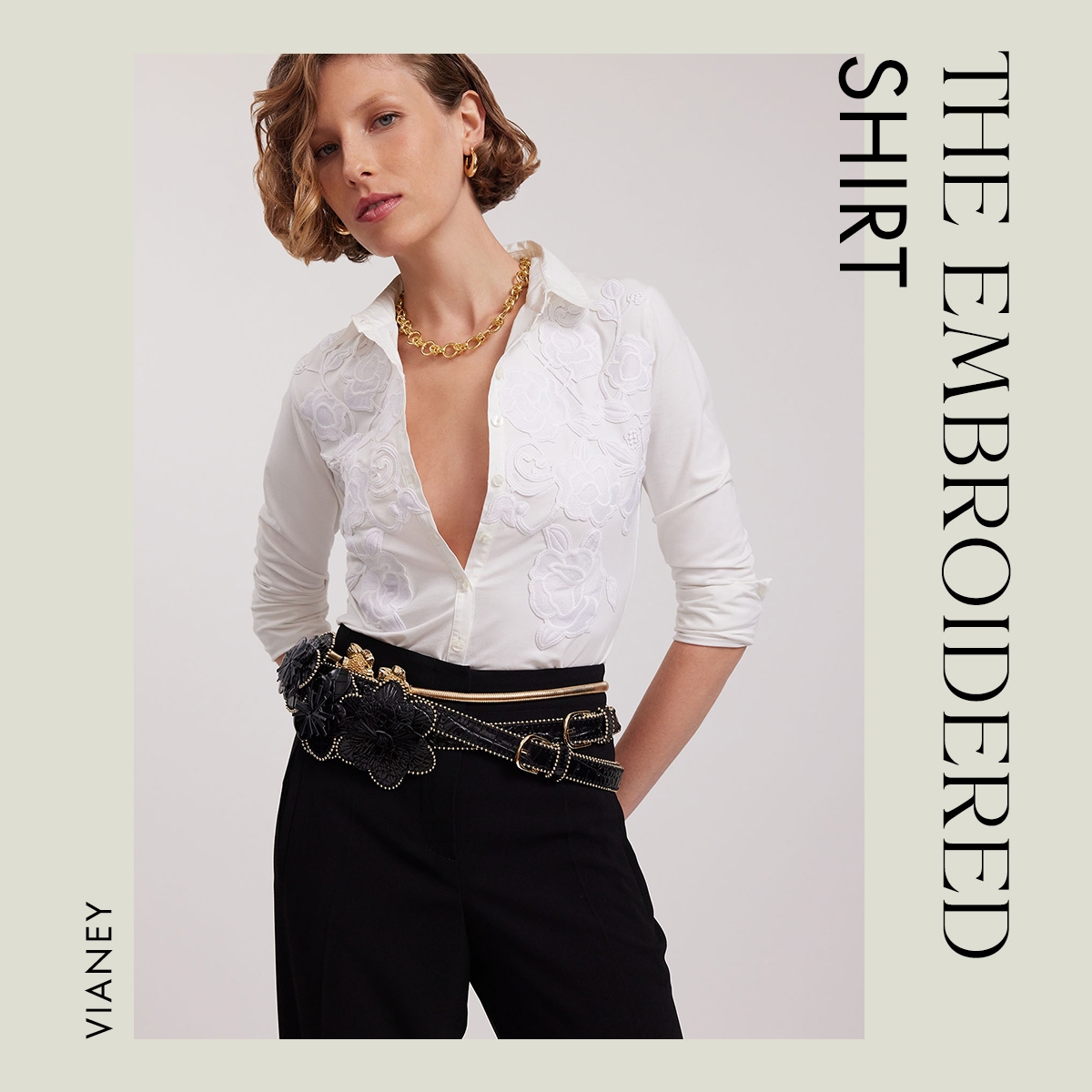 Discover the Vianey White Pima Jersey Shirt With Floral Applique from designer ANNE FONTAINE