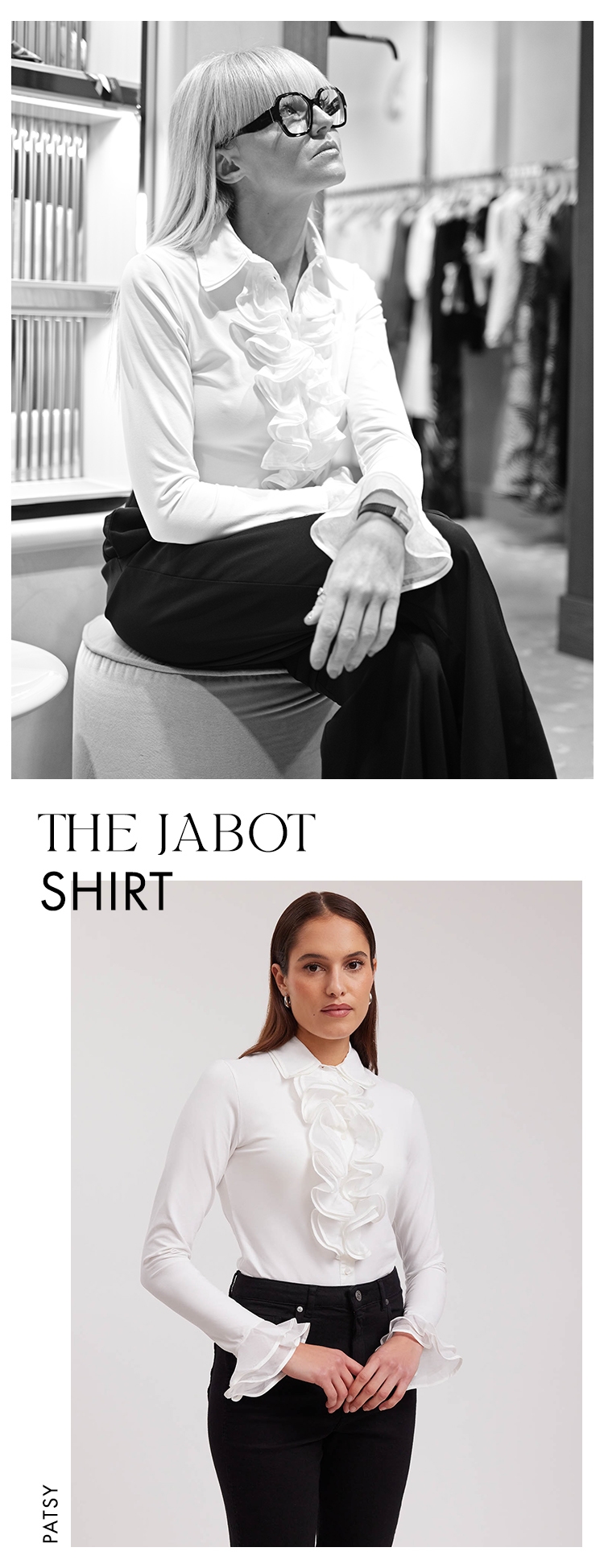 Discover the PATSY Long Sleeve White Pima Jersey Shirt with Double Collar and Double Ruffle Front Placket from designer ANNE FONTAINE