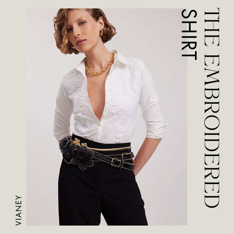 Discover the Vianey White Pima Jersey Shirt With Floral Applique from designer ANNE FONTAINE