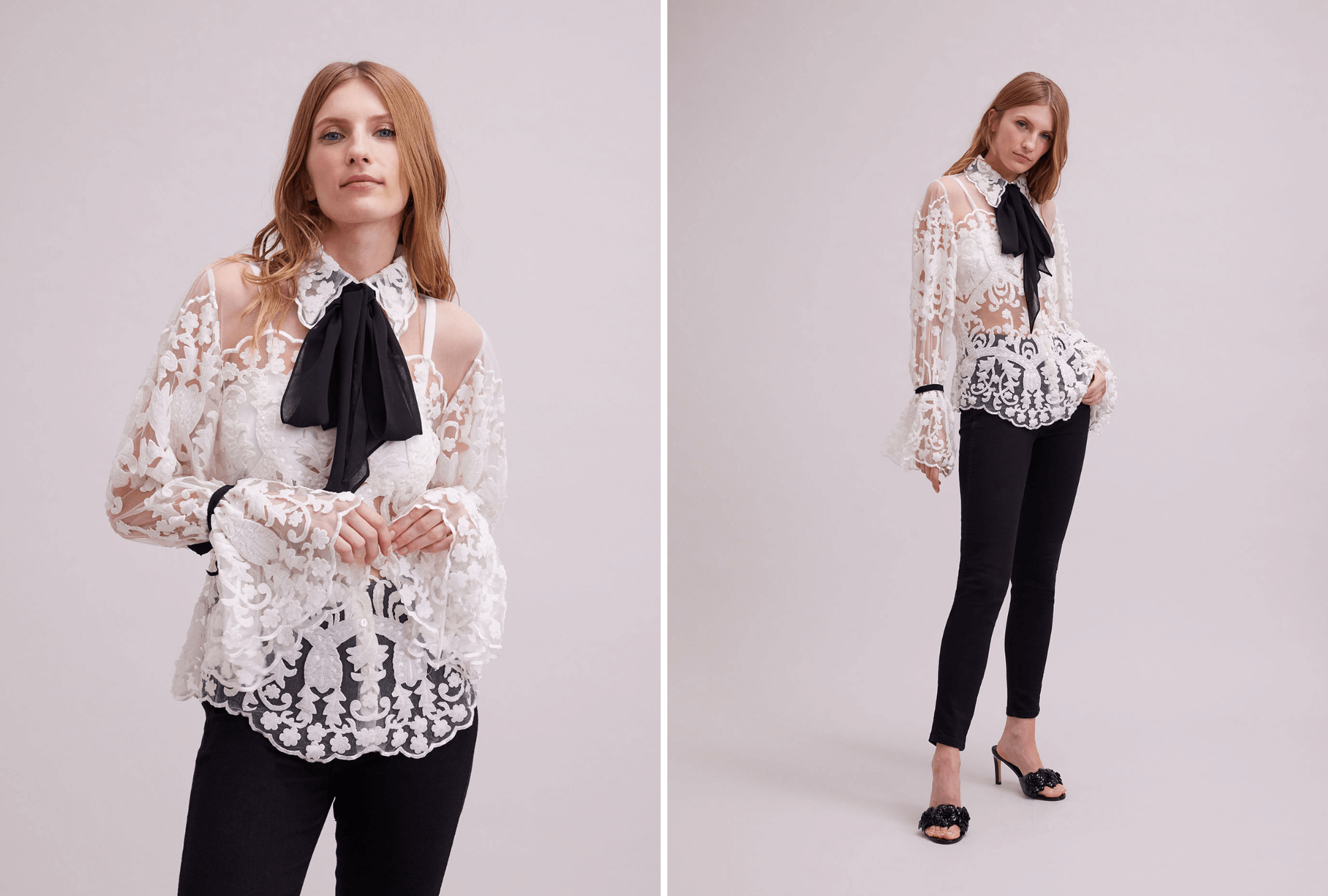 Discover the ARABESQUE Semi-sheer white embroidered lace shirt with removable ties from ANNE FONTAINE