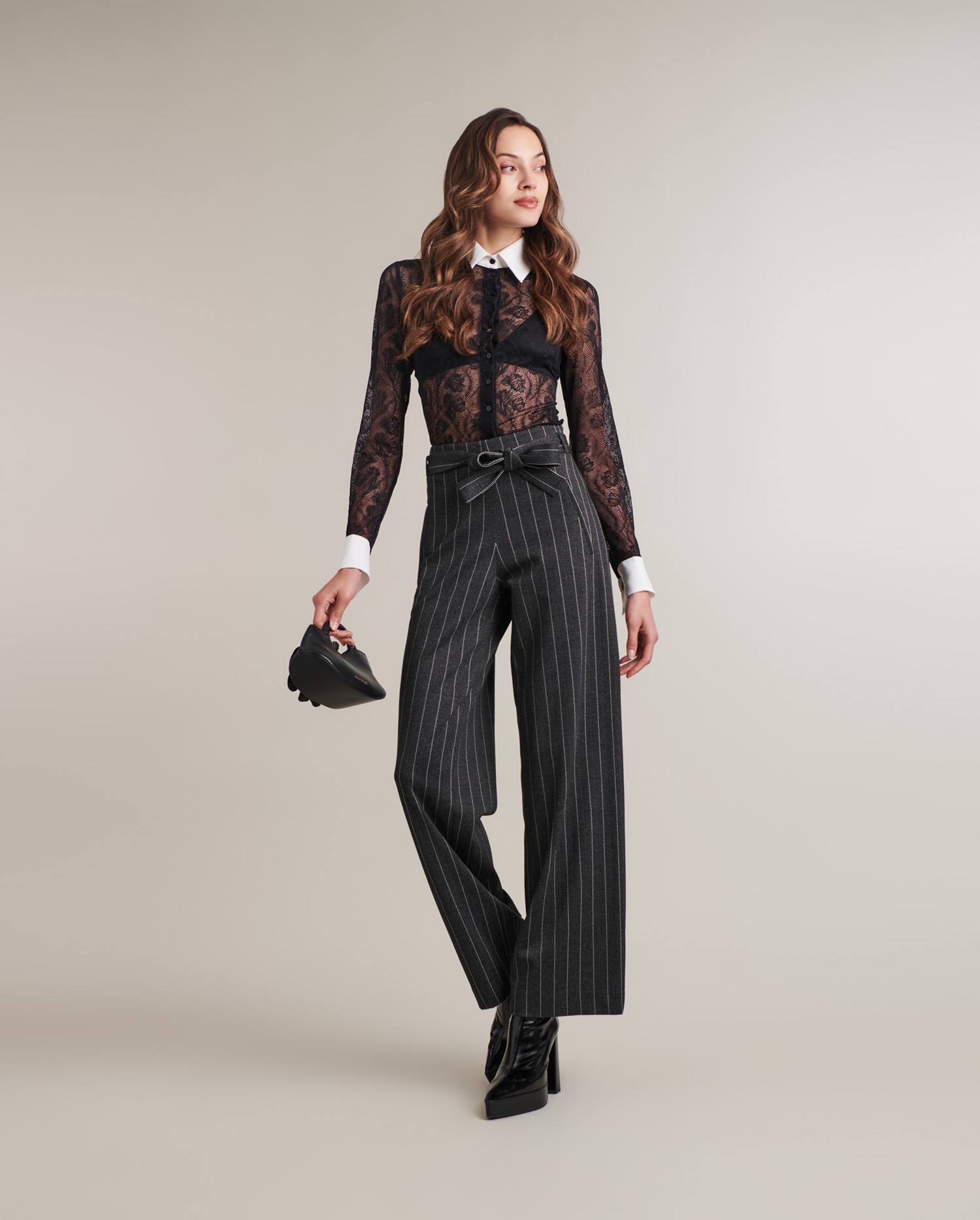 Discover the YVONNA Black Long Sleeve Embroidered Lace Shirt With White Collar & Cuffs