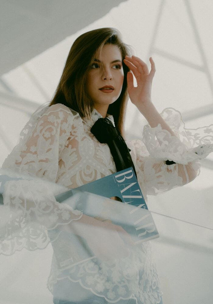 Discover the ARABESQUE Semi-sheer white embroidered lace shirt with removable ties from ANNE FONTAINE