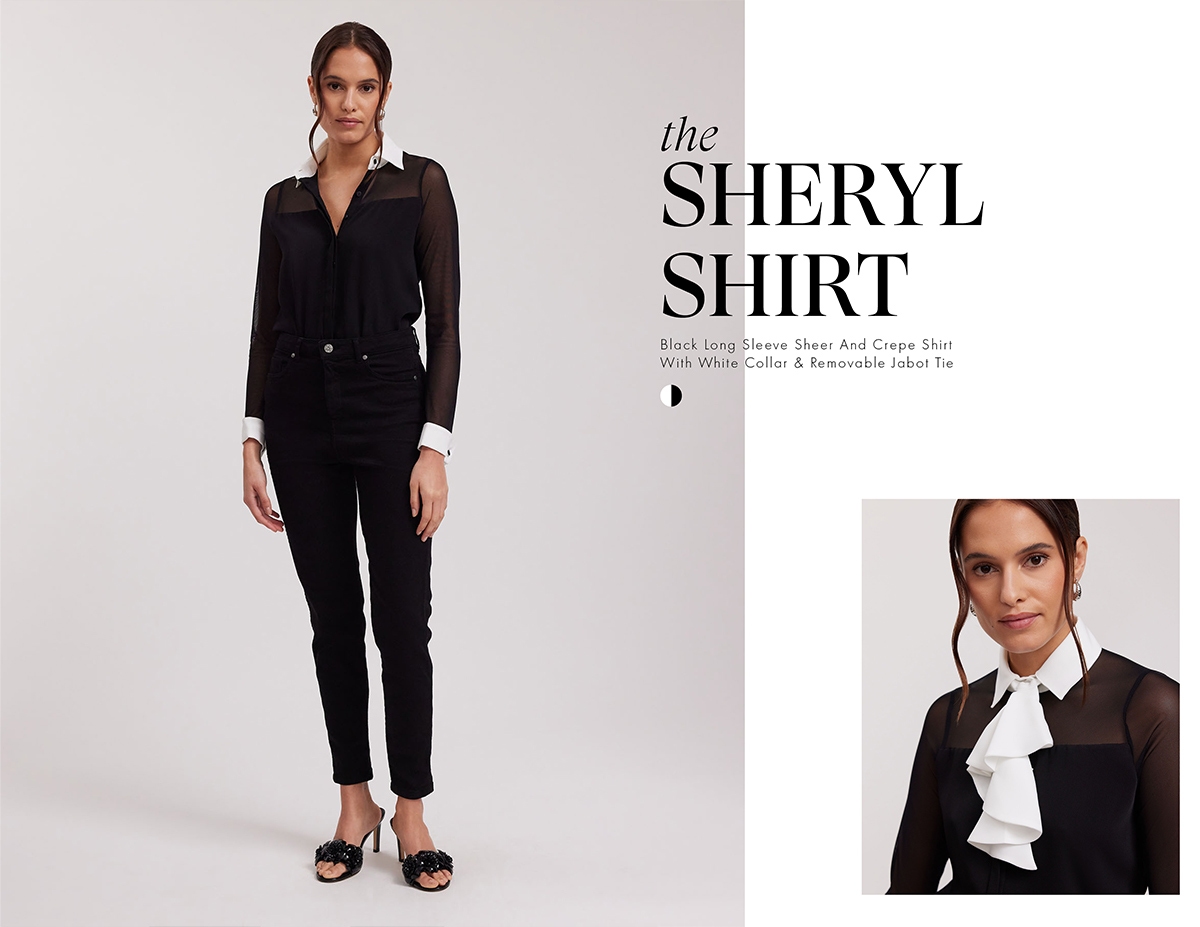 Discover the SHERYL Black Long Sleeve Sheer And Crepe Shirt With White Collar & Removable Jabot Tie from designer ANNE FONTAINE