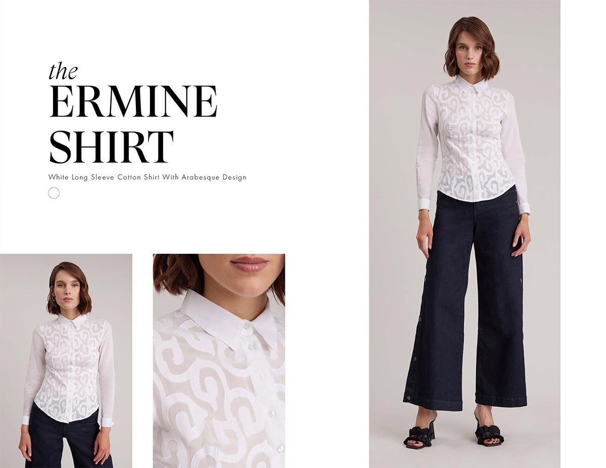 Discover the ERMINE White Cotton Stretch Shirt With Arabesque Design from designer ANNE FONTAINE