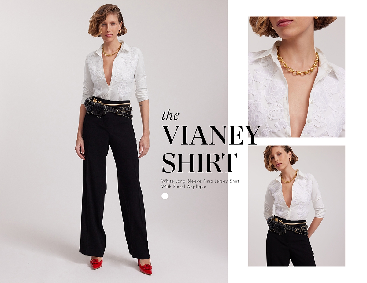 Discover the VIANEY White Pima Jersey Shirt With Floral Applique from designer ANNE FONTAINE
