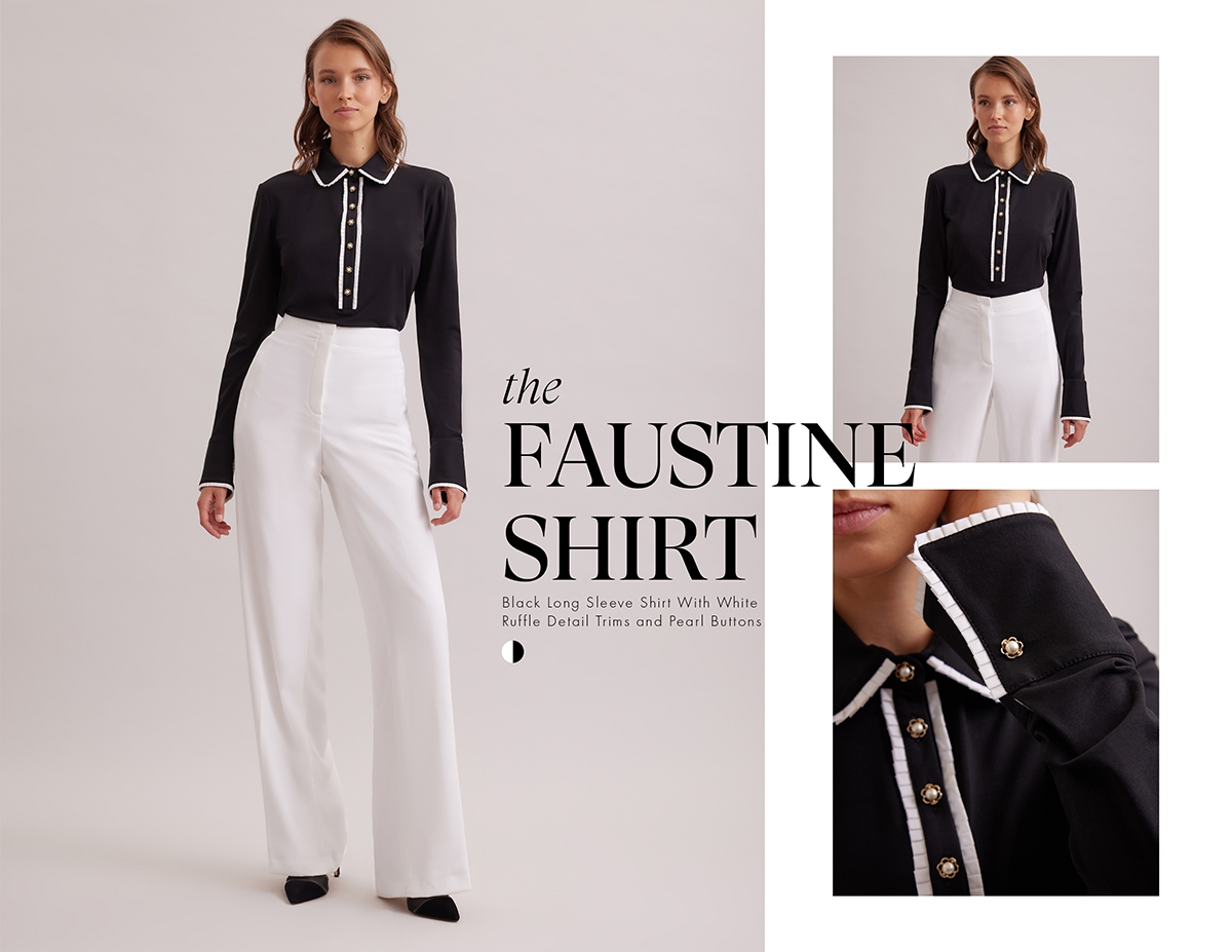 Discover the FAUSTINE Black Long Sleeve Shirt With White Ruffle Detail Trims and Pearl Buttons from designer ANNE FONTAINE