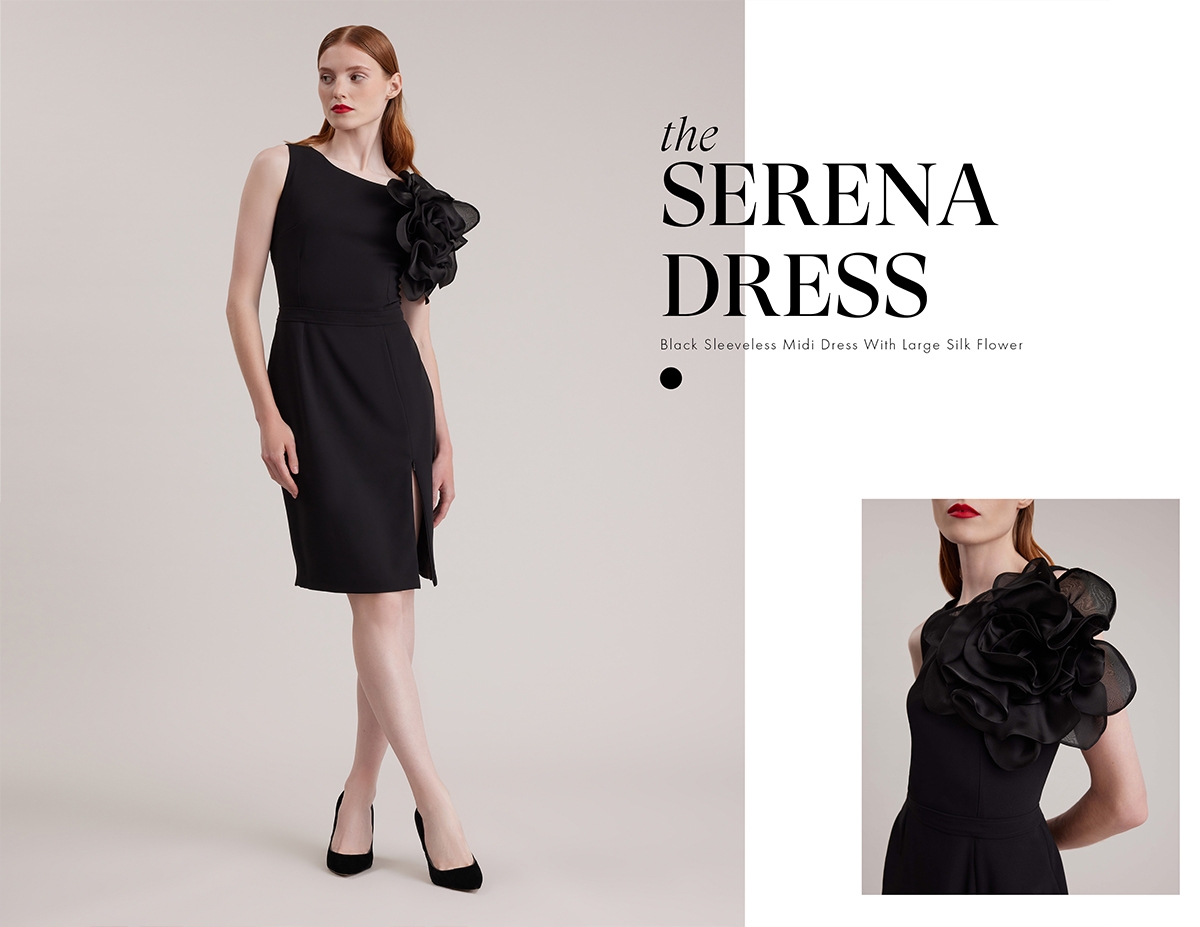 Discover the SERENA Black Sleeveless Knee-Length Dress With Large Silk Flower from designer ANNE FONTAINE