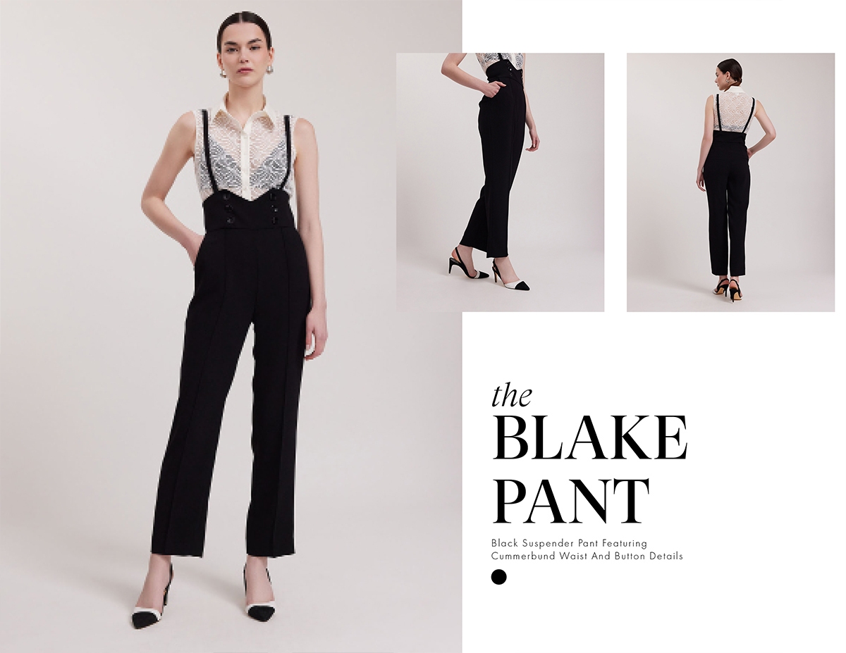 Discover the BLAKE Black Suspender Pant Featuring Cummerbund Waist and Button Details from designer ANNE FONTAINE