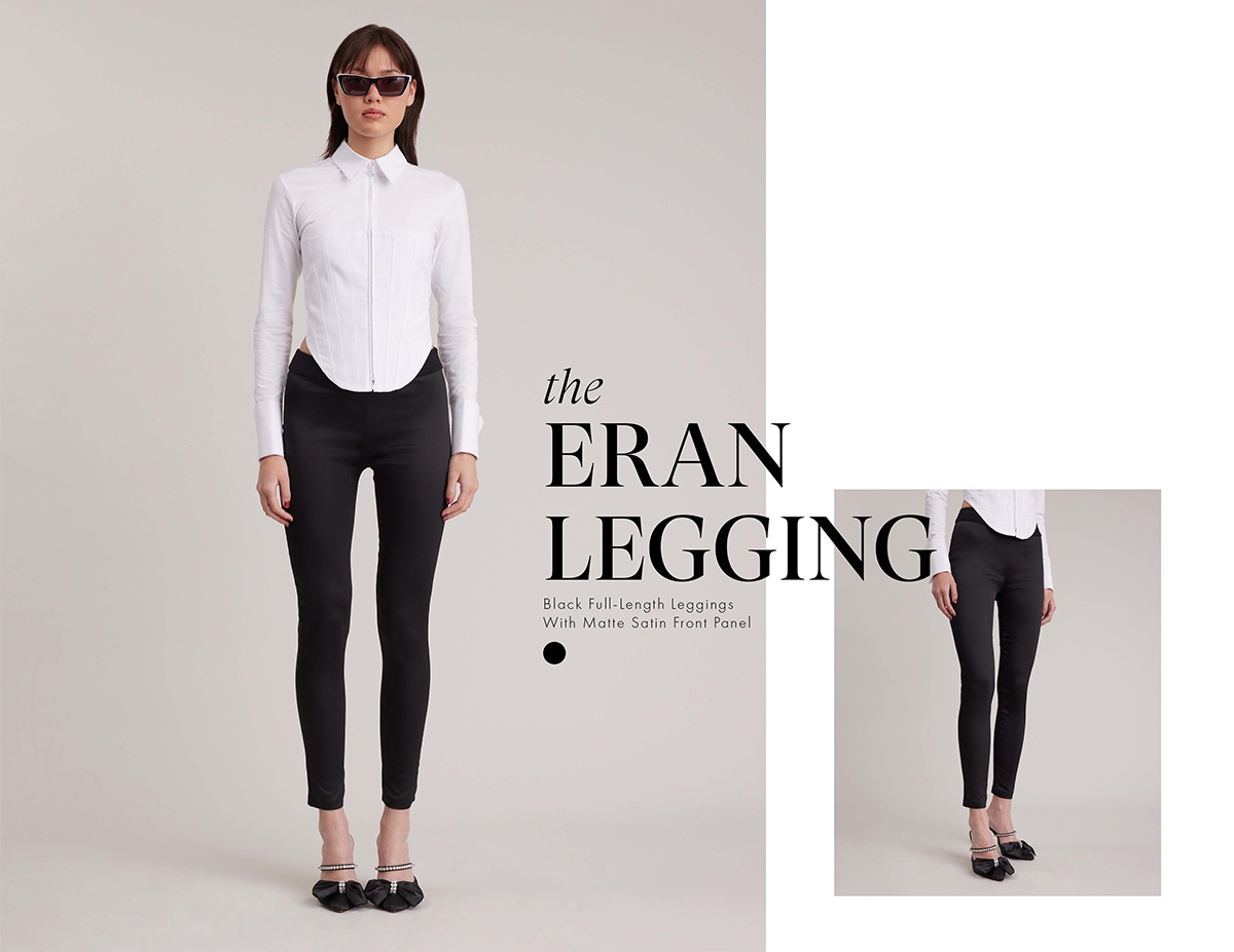 Discover the ERAN Black Full-Length Leggings With Matte Satin Front Panel from designer ANNE FONTAINE