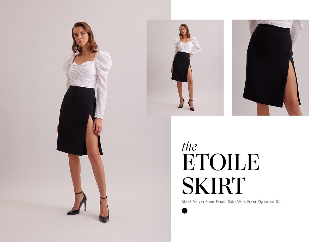 Discover the ETOILE Black Velvet Front Pencil Skirt With Front Zippered Slit from designer ANNE FONTAINE