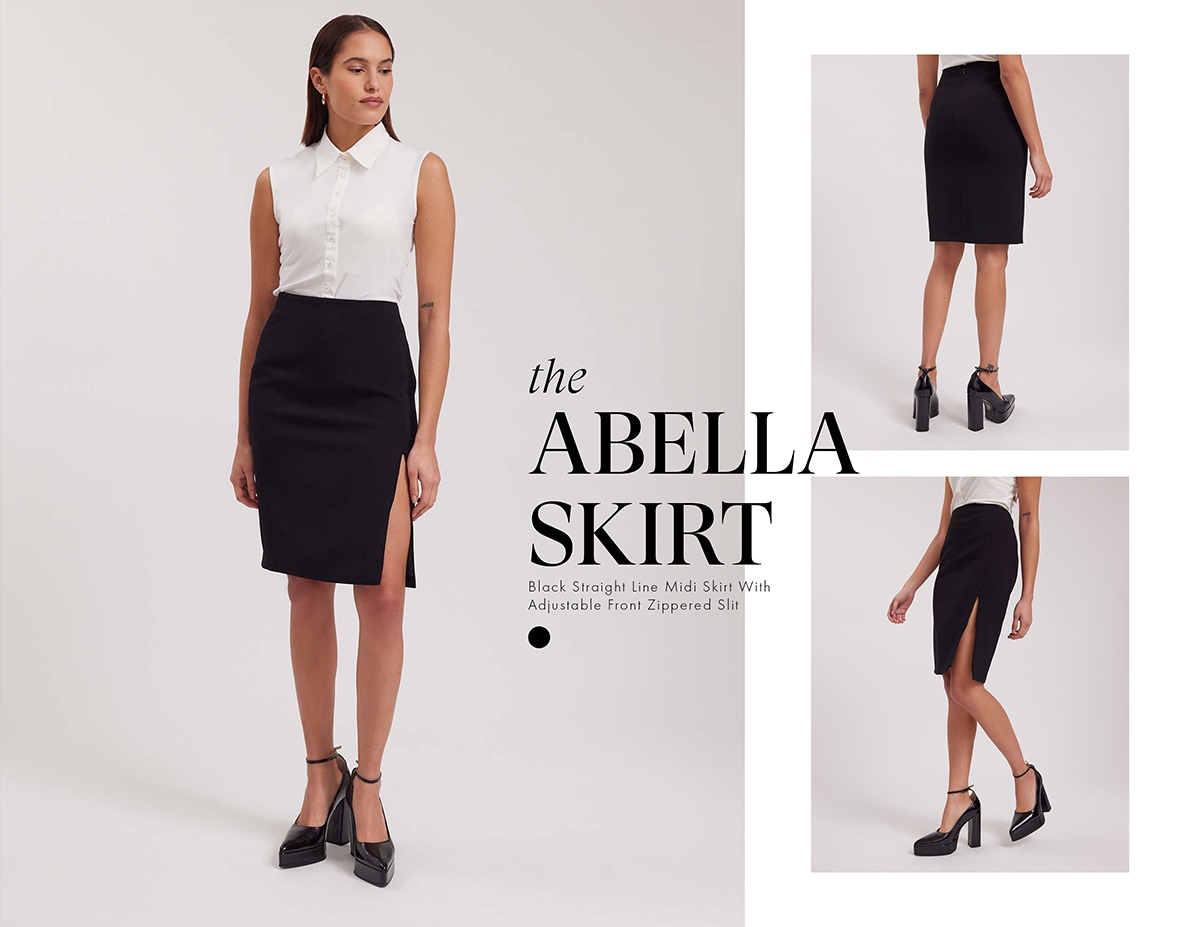 Discover the ABELLA Black Straight Line Midi Skirt with Adjustable Front Zippered Slit from designer ANNE FONTAINE