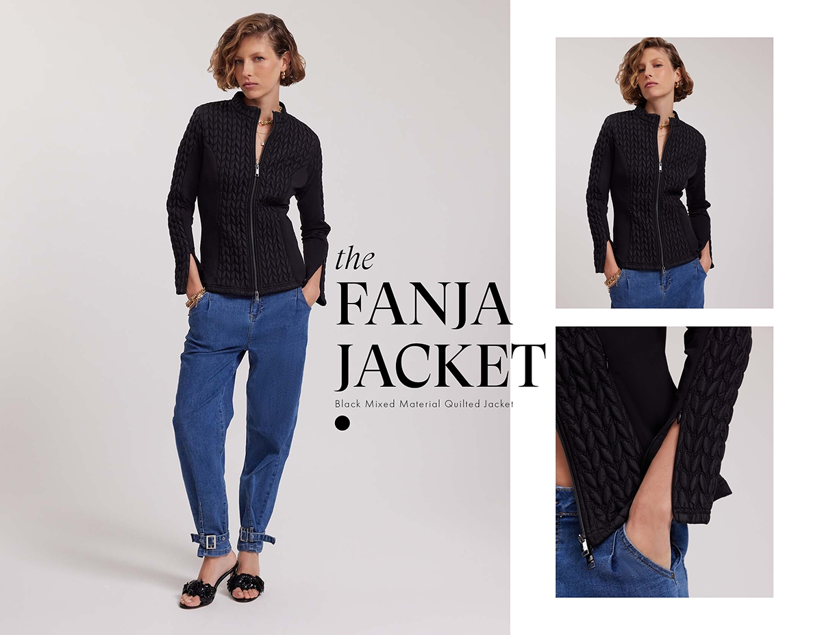 Discover the FANJA Mixed Material Quilted Black Jacket from designer ANNE FONTAINE