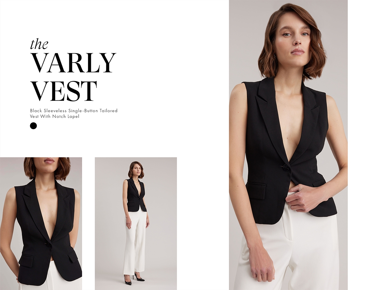 Discover the VARLY Black Single-Button Tailored Vest With Notch Lapel from designer ANNE FONTAINE