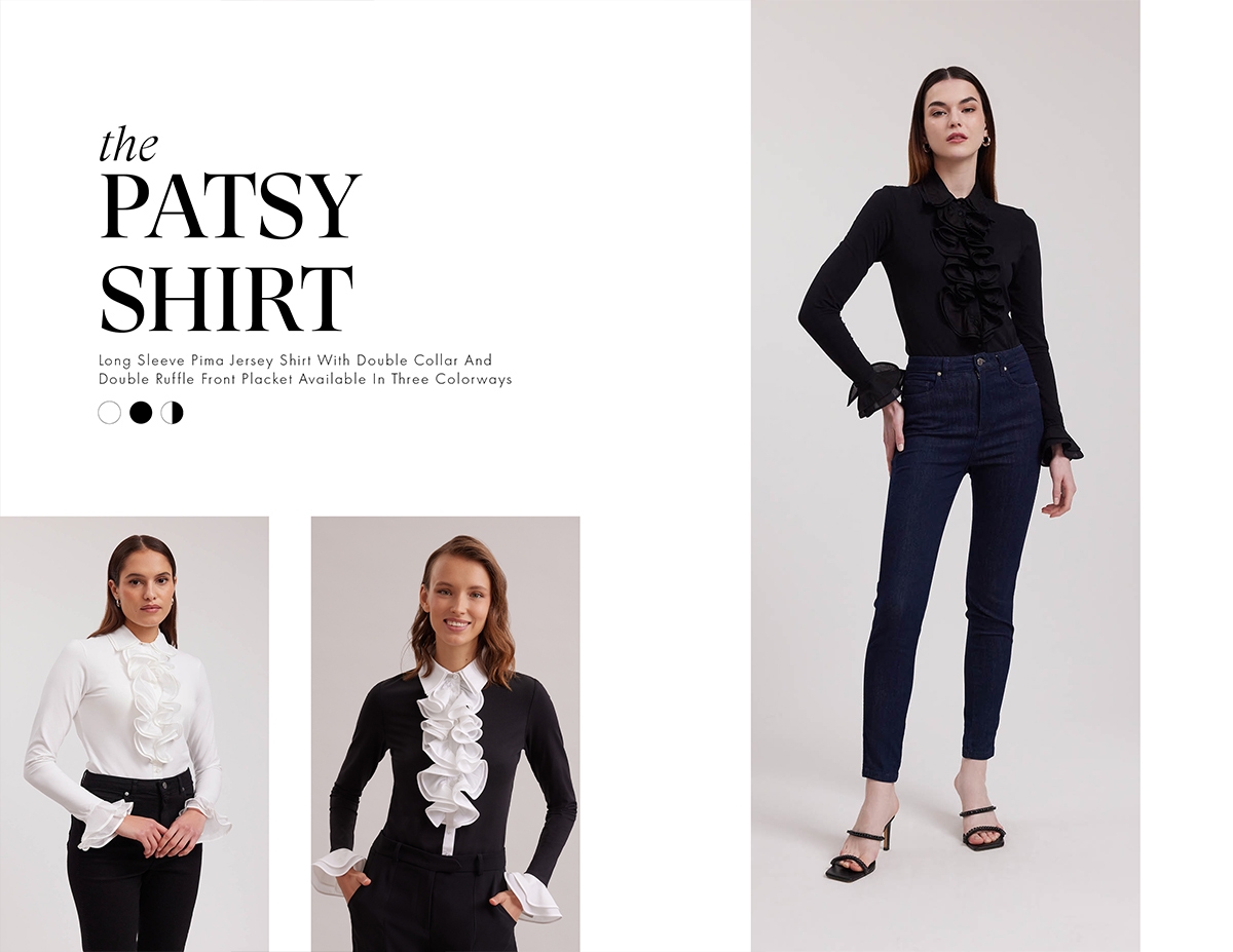 Discover the PATSY Long Sleeve White Pima Jersey Shirt with Double Collar and Double Ruffle Front Placket from designer ANNE FONTAINE