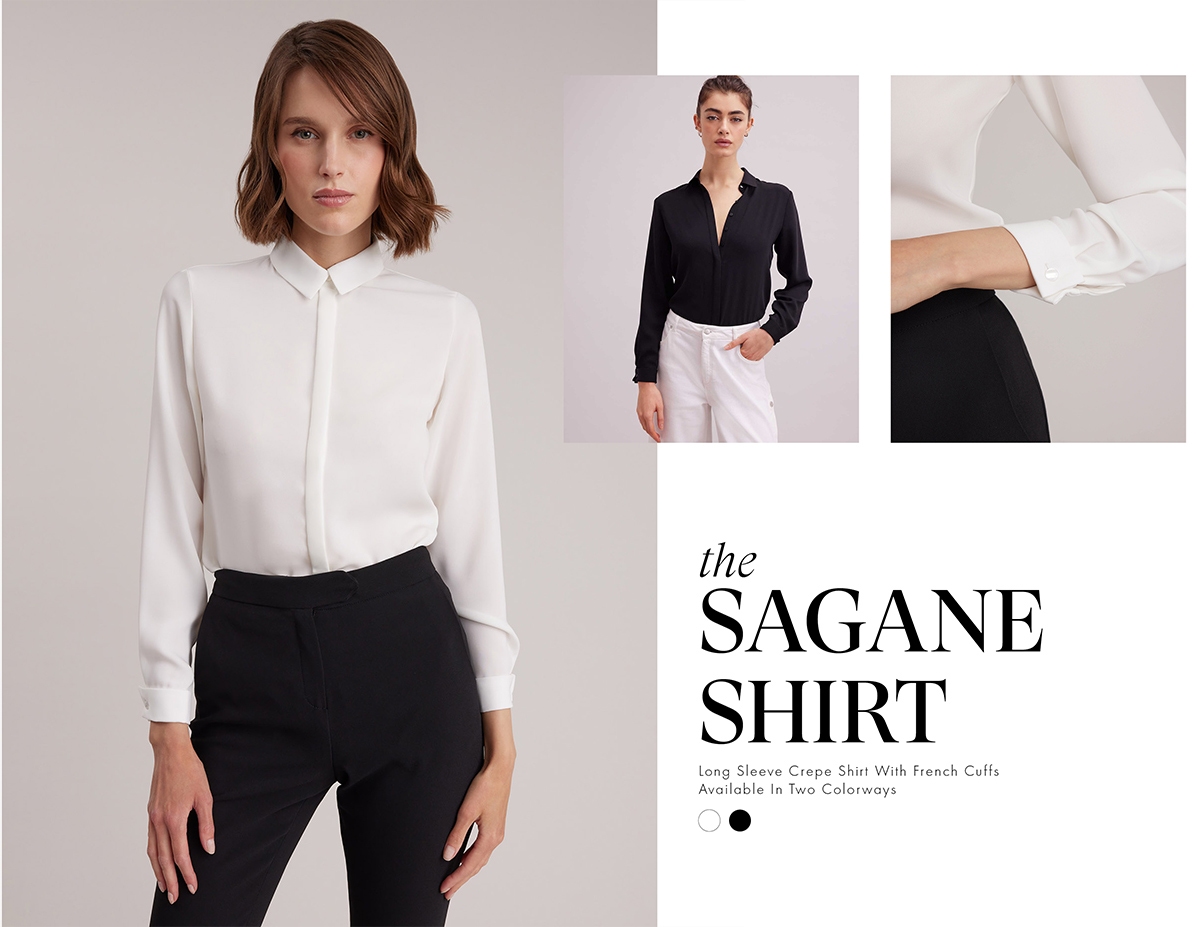 Discover the SAGANE White Long Sleeve Crepe Shirt With French Cuffs from designer ANNE FONTAINE