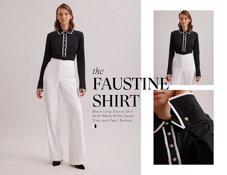 Discover the FAUSTINE Black Long Sleeve Shirt With White Ruffle Detail Trims and Pearl Buttons from designer ANNE FONTAINE