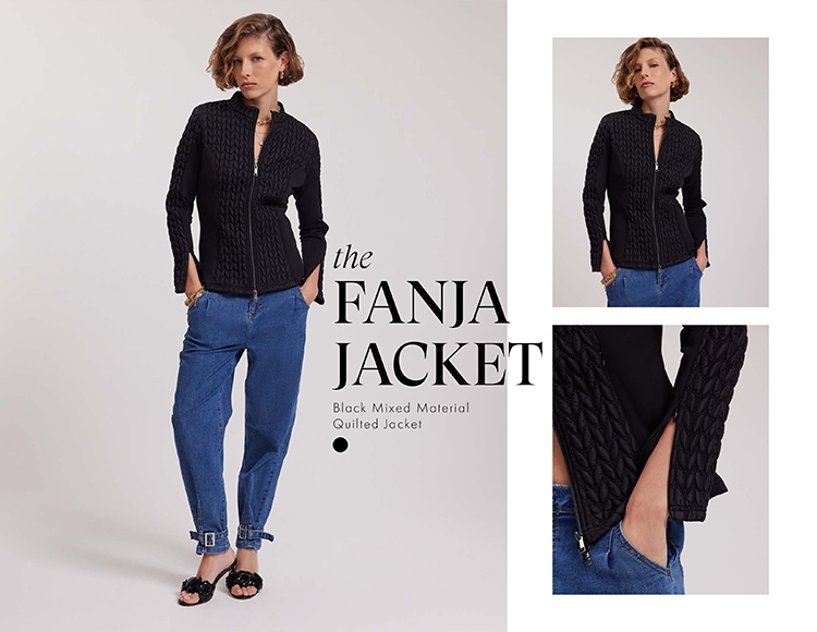Discover the FANJA Mixed Material Quilted Black Jacket from designer ANNE FONTAINE