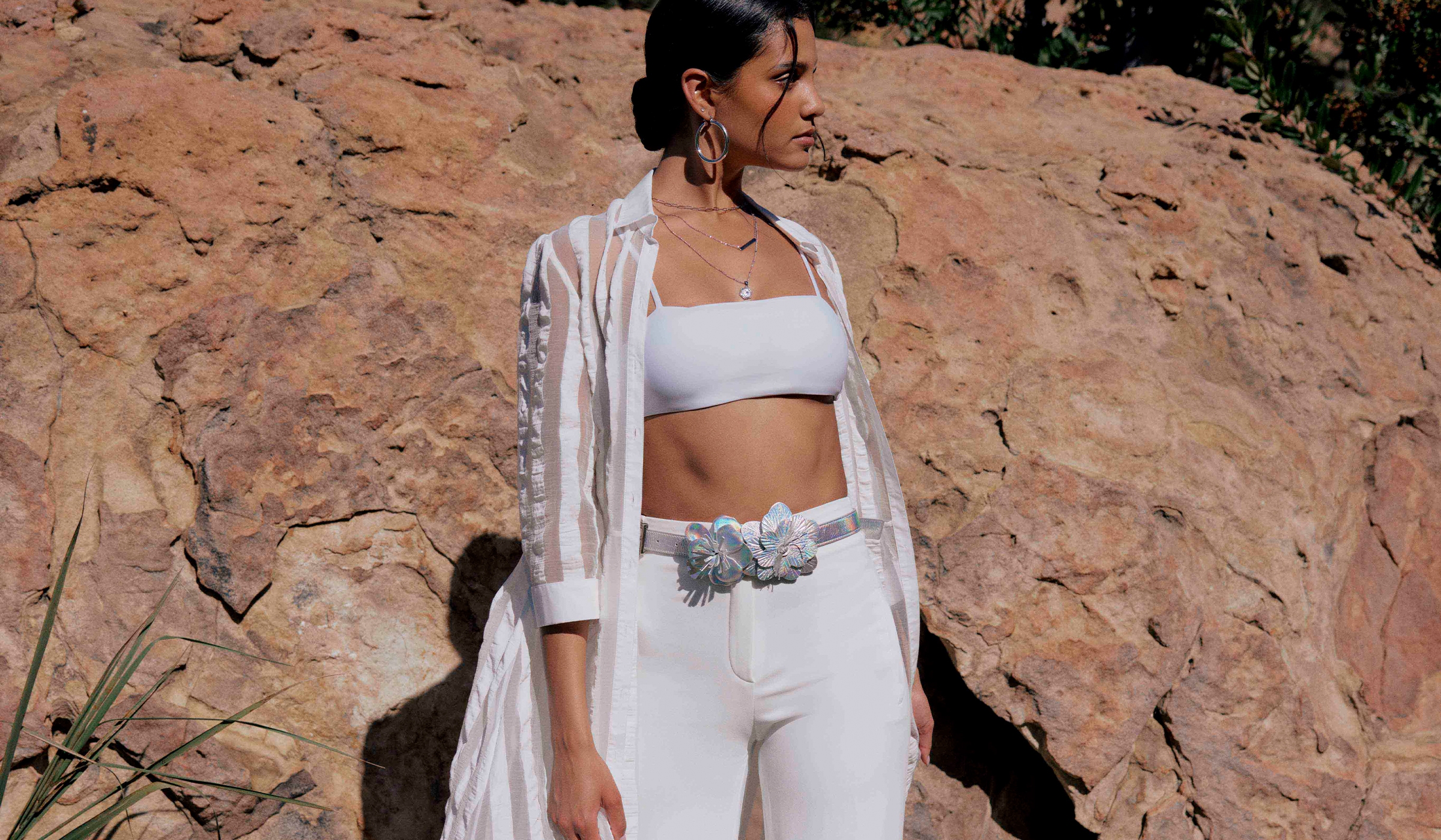 Discover the BIDART White 3/4 Sleeve Long Sheer Dress with Vertical Stripe Panels and Tie Waist Belt from ANNE FONTAINE