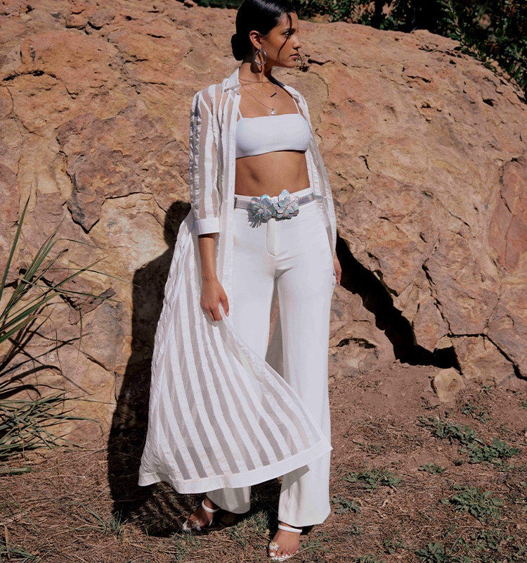 Discover the BIDART White 3/4 Sleeve Long Sheer Dress with Vertical Stripe Panels and Tie Waist Belt from ANNE FONTAINE