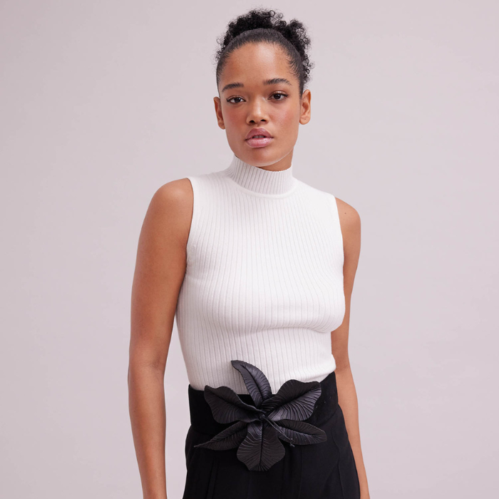 Discover The SOLO Sleeveless white ribbed mockneck knit from ANNE FONTAINE