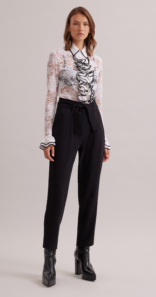 Discover the Academia Long Sleeve White Floral Lace Shirt With Ruffled Placket and Sleeves from designer Anne Fontaine