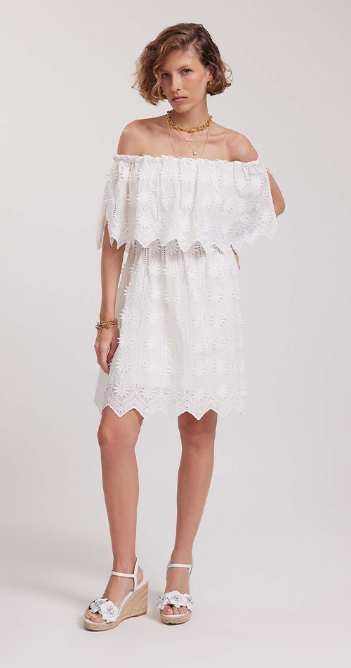 Discover the Garrigue White Cotton Floral Embroidered Dress With Overlay Ruffle from designer Anne Fontaine