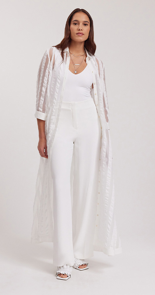 Discover the Bidart White 3/4 Sleeve Long Sheer Dress with Vertical Stripe Panels and Tie Waist Belt from designer Anne Fontaine