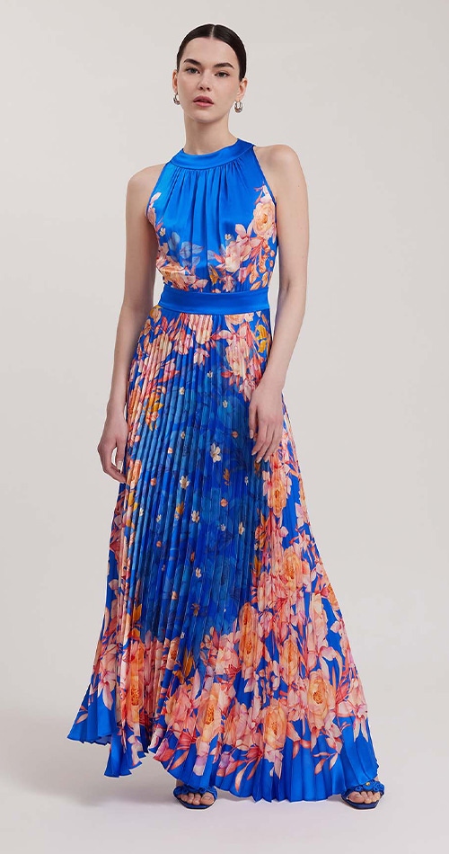Discover the Enora Blue Silk Floral Print Halter Neck Maxi Dress With Pleats Below The Waistline from designer Anne Fontaine