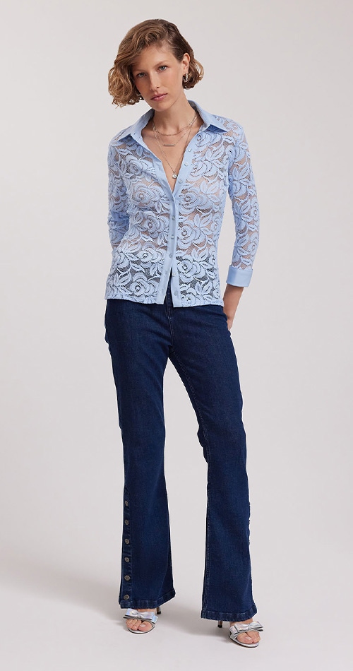 Discover the Nahia Riviera Blue 3/4 Sleeve Lace Shirt from designer Anne Fontaine