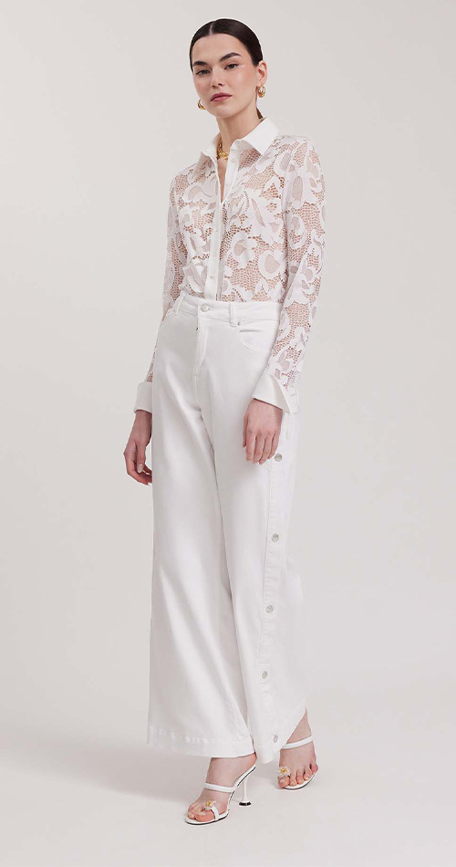 Discover the Joanna White Sheer Stretch Lace Button Up Shirt With Point Collar from designer Anne Fontaine