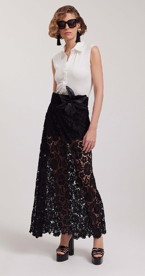 Discover the Cap Embroidered Black Floral Maxi Skirt from designer Anne Fontaine