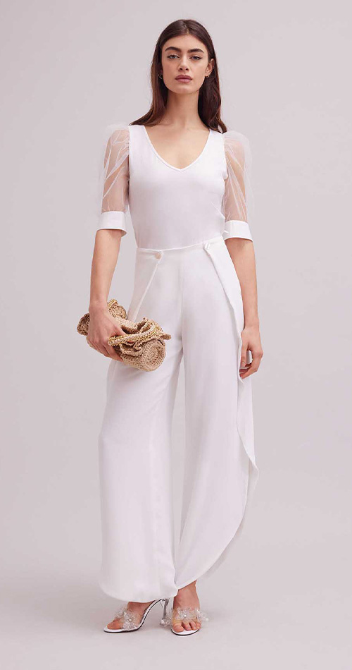 Discover the Aerial White V-Neck Top With Sheer Mesh Sleeves from designer Anne Fontaine