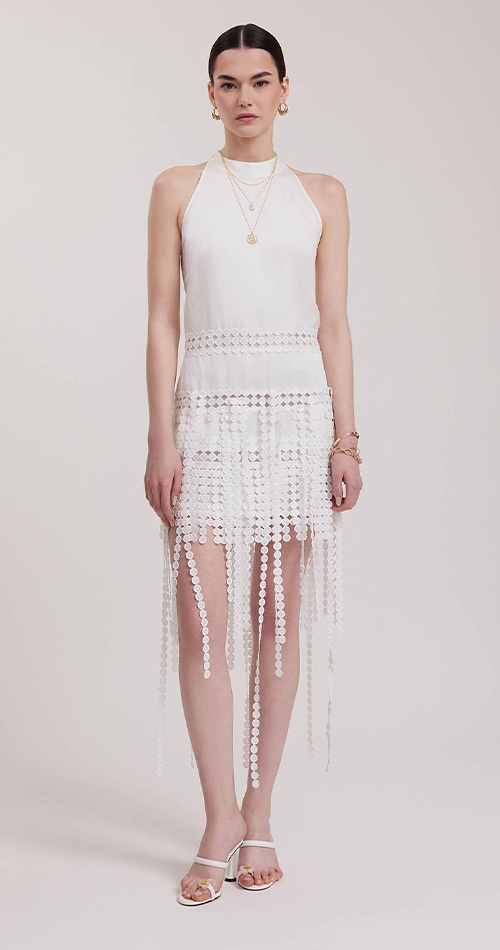 Discover the Althea White Halter Cut Fringe Dress With Circle Lace Inserts from designer Anne Fontaine