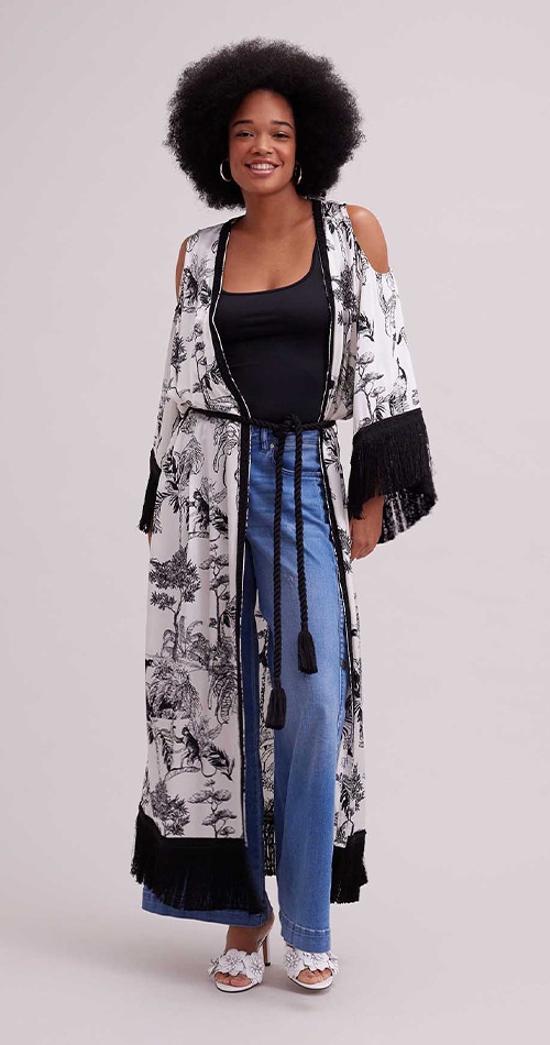 Discover the Croisette Black and White Jungle Printed Kimono Robe With Fringe Trims from designer Anne Fontaine