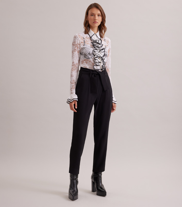 Discover the Academia Long Sleeve White Floral Lace Shirt With Ruffled Placket and Sleeves from designer Anne Fontaine