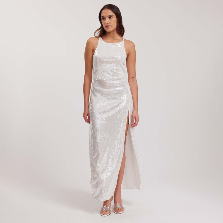 Discover the Anisette White Iridescent Sequined Halter Dress With Thigh High Slit from designer Anne Fontaine