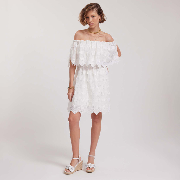 Discover the Garrigue White Cotton Floral Embroidered Dress With Overlay Ruffle from designer Anne Fontaine