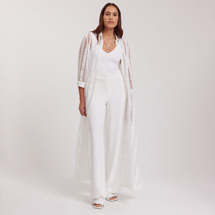 Discover the Bidart White 3/4 Sleeve Long Sheer Dress with Vertical Stripe Panels and Tie Waist Belt from designer Anne Fontaine